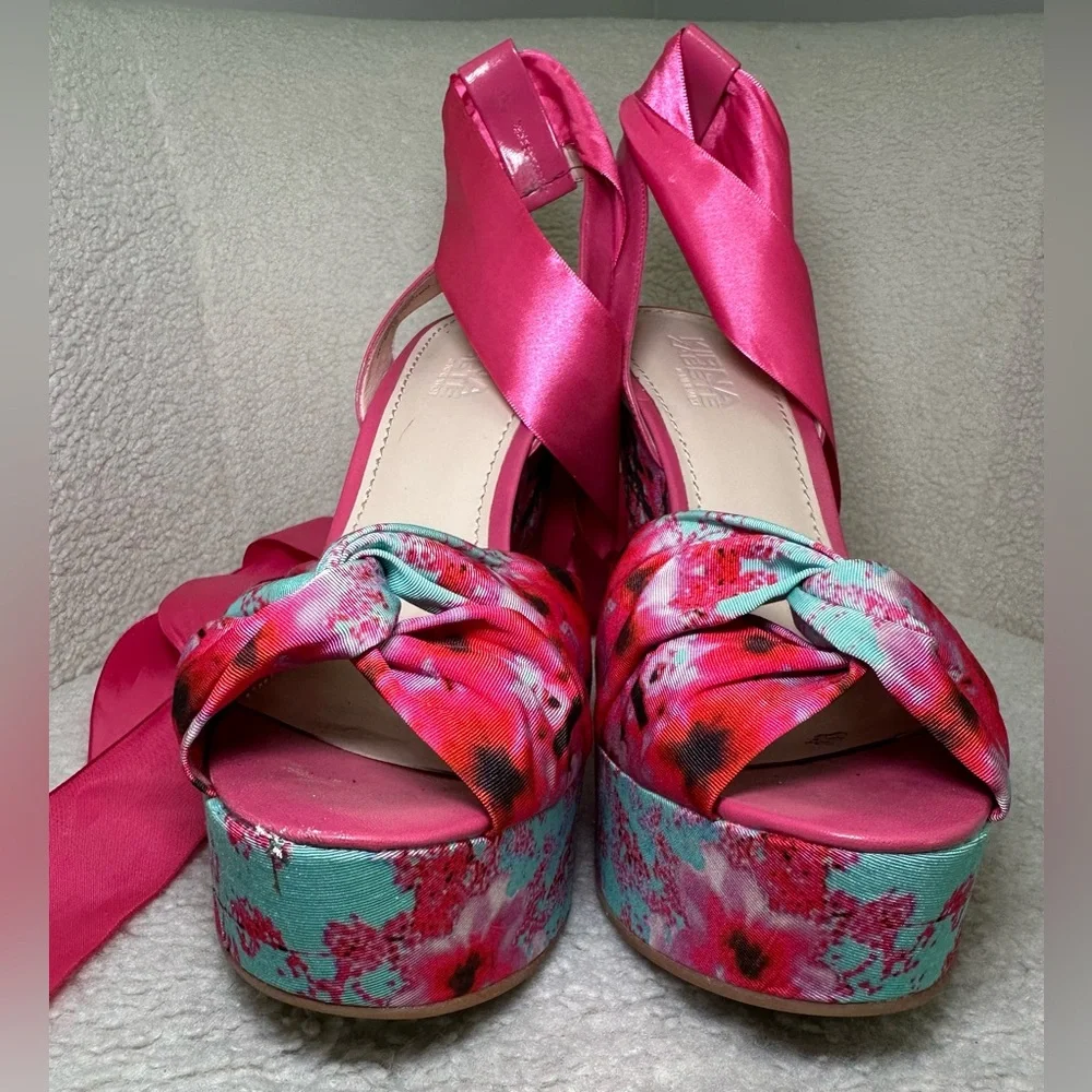 Kirna Zabete wedge platform pink floral flowers ballerina satin leg wrap tie bow
